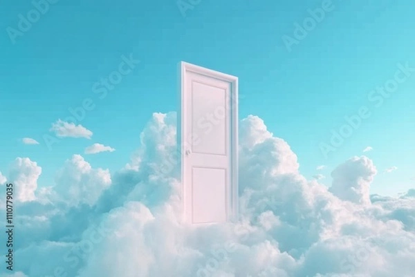 Fototapeta A surreal white door emerges from fluffy clouds under a serene blue sky.