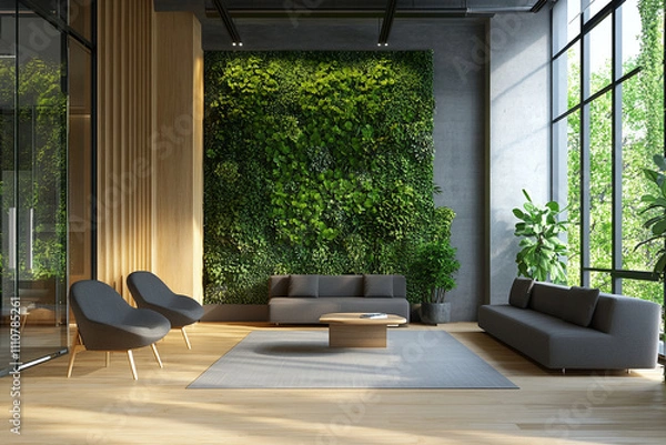 Obraz Organic fresh greenery living or office spaces, wall with decorative moss armchairs, sofa and table. Generic concept image of decorative moss that is used for interior design.