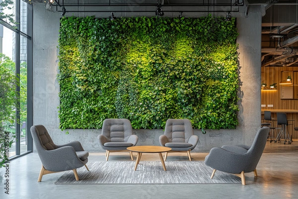 Obraz Organic fresh greenery living or office spaces, wall with decorative moss armchairs and table. Generic concept image of decorative moss that is used for interior design.