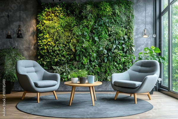Obraz Organic fresh greenery living or office spaces, wall with decorative moss armchairs and table. Generic concept image of decorative moss that is used for interior design.