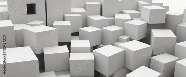 Fototapeta Geometric 3D cube pattern with square tiles, perfect for modern design backgrounds,Dynamic Abstract 3D White Geometric Cubes Popping Out from White Wall – Minimalist Modern Digital Art for Architectur