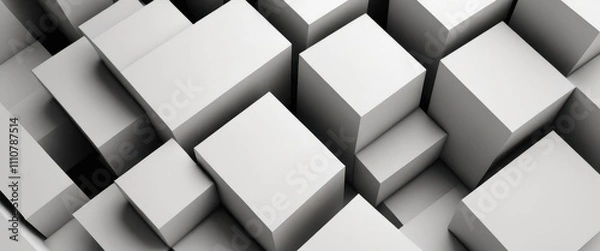 Fototapeta Geometric 3D cube pattern with square tiles, perfect for modern design backgrounds,Dynamic Abstract 3D White Geometric Cubes Popping Out from White Wall – Minimalist Modern Digital Art for Architectur