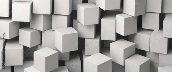 Fototapeta Geometric 3D cube pattern with square tiles, perfect for modern design backgrounds,Dynamic Abstract 3D White Geometric Cubes Popping Out from White Wall – Minimalist Modern Digital Art for Architectur