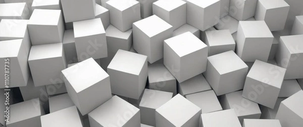 Obraz Geometric 3D cube pattern with square tiles, perfect for modern design backgrounds,Dynamic Abstract 3D White Geometric Cubes Popping Out from White Wall – Minimalist Modern Digital Art for Architectur