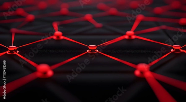Obraz A close-up of a digital network pattern featuring red nodes interconnected by lines against a dark background, creating a modern tech aesthetic.