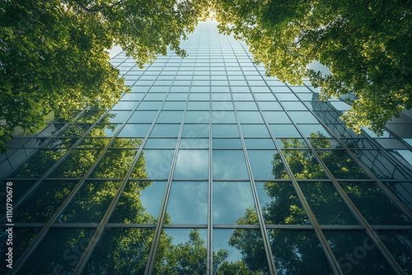 Obraz Modern sustainable green architecture with lush trees reflecting on glass facade. Eco-friendly office building under blue sky.