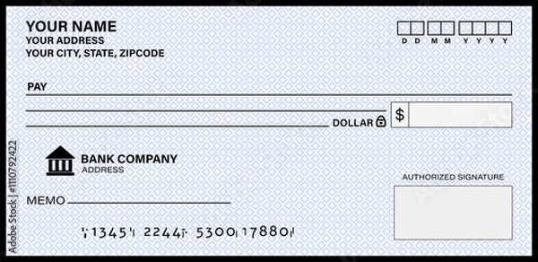 Obraz Blank Cheque template of the bank. Checkbook cheque page with empty fields to fill.