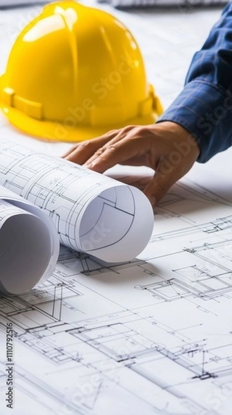 Fototapeta Architect reviewing blueprints.