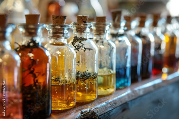 Fototapeta Small bottles of essential oils sitting on a wooden table surrounded by colorful flowers