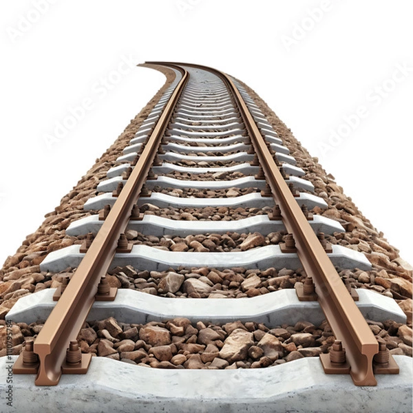 Fototapeta New Curving Railway Tracks with Concrete Sleepers and Gravel Base - Transparent PNG