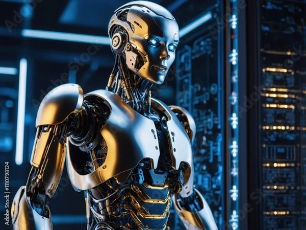 Fototapeta A high-tech humanoid robot with its chest panel open, revealing intricate machinery and advanced circuits, showcasing cutting-edge robotics and AI design