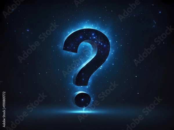 Fototapeta A radiant, electric blue glowing question mark, with a soft, pulsing aura, suspended in a deep, mysterious dark background, reminiscent of a starry night sky, with a subtle, warm spotlight effect