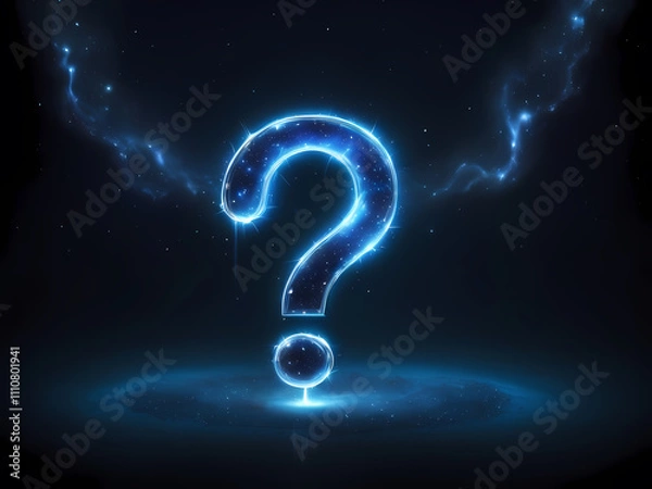 Fototapeta A radiant, electric blue glowing question mark, with a soft, pulsing aura, suspended in a deep, mysterious dark background, reminiscent of a starry night sky, with a subtle, warm spotlight effect