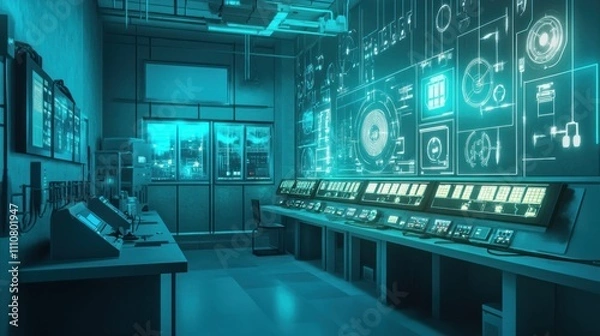 Fototapeta Futuristic control room with glowing digital displays and consoles at night.