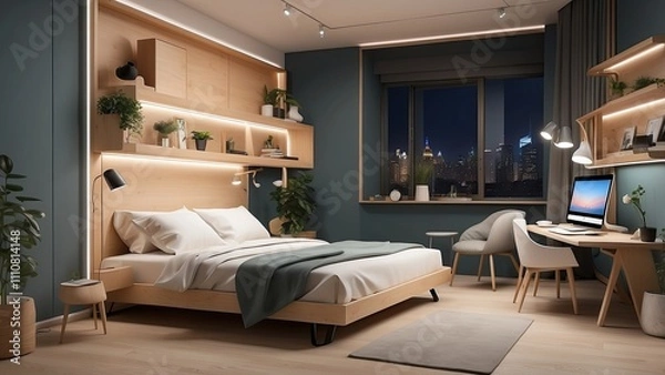 Fototapeta Compact studio apartment with a foldable smart bed, multipurpose furniture, and touch-controlled wall lighting.