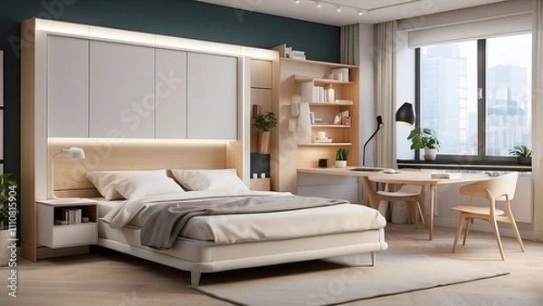 Fototapeta Compact studio apartment with a foldable smart bed, multipurpose furniture, and touch-controlled wall lighting.