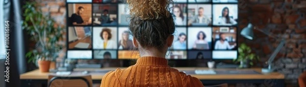 Fototapeta A person is seen from behind, engaged in a video conference with multiple participants displayed on a large screen in a cozy workspace.
