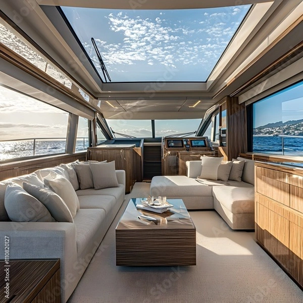 Obraz Classy yacht cabin with panoramic windows and modern furniture. Neutral tones with wooden accents for a sophisticated sea journey.