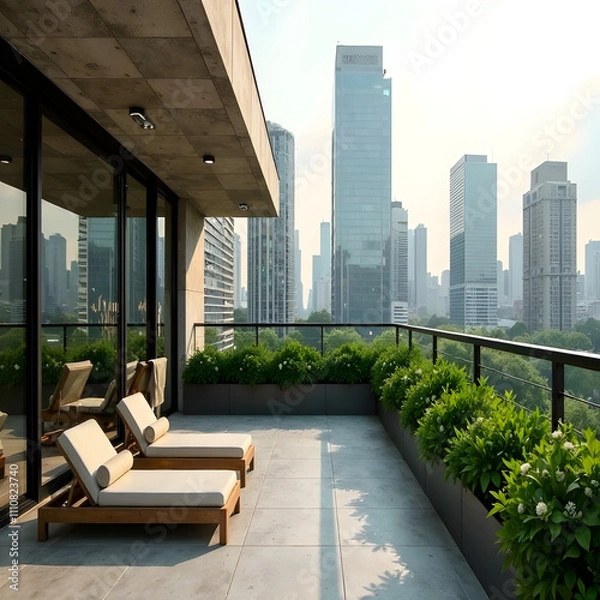 Obraz Modern, ecological, green home. Terrace, a place for rest in the urban space. Urban greenery, urban ecology