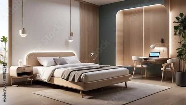 Fototapeta Smart guestroom with customizable lighting, AI-controlled temperature, and a foldable workspace.