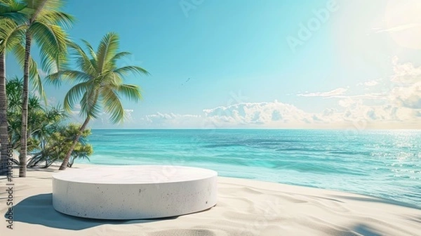 Fototapeta Circular Concrete Pedestal on Tropical Beach with Palm Trees and Ocean