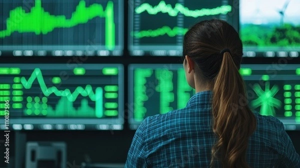 Obraz Financial advisor reviews green bond trends using data-driven digital dashboards, showcasing sustainable investments and environmental impact analysis
