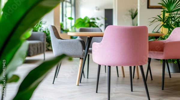 Fototapeta Modern dining area with colorful chairs and lush indoor plants, creating a cozy ambiance.