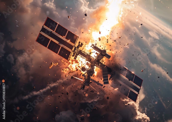 Fototapeta A fictional space station falling into the atmosphere of a fictional planet. Disaster and destruction of a space station in the atmosphere