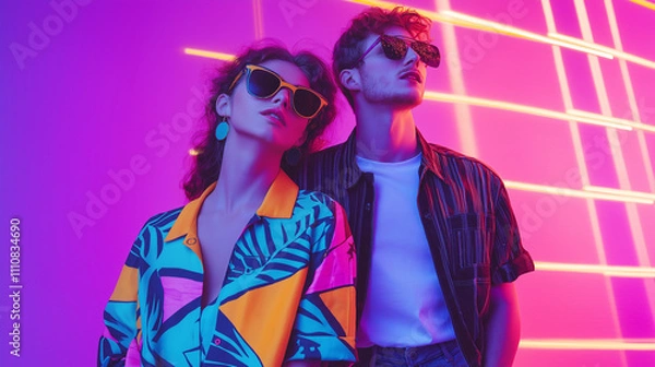 Fototapeta Neon Dreams: A stylish couple,  wearing vintage sunglasses and bold 80s attire, pose against a vibrant neon backdrop.