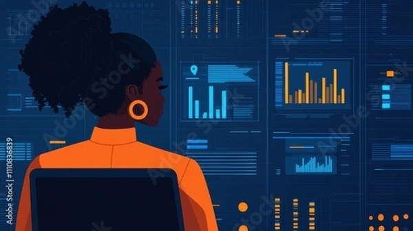 Fototapeta A woman in an orange blouse sits in front of a digital screen displaying various data visualizations in blue tones, suggesting a tech or data analysis environment.