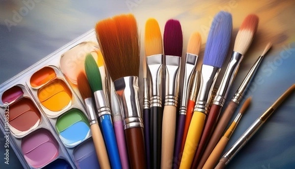 Fototapeta Aesthetic background adorned with an array of paint brushes and a palette of different color