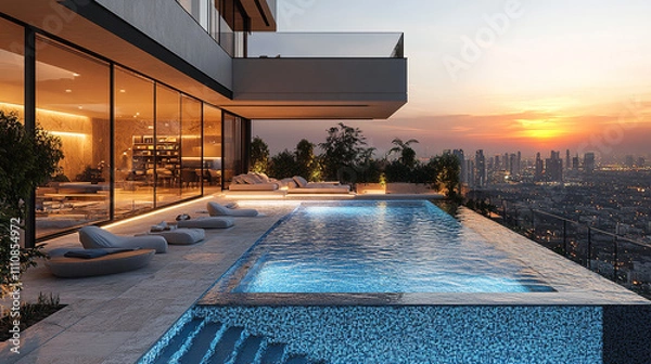 Fototapeta Luxurious Rooftop Infinity Pool with City Views