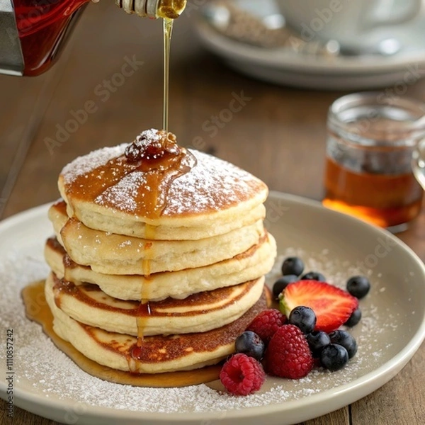 Fototapeta A stack of fluffy pancakes with a drizzle of maple syrup and a sprinkle of powdered sugar, served with a side of berries