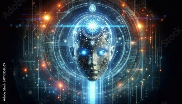 Fototapeta Floating robotic head with glowing eyes and antenna, symbolizing AI technology