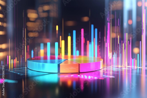 Obraz Colorful holographic pie charts and bar graphs in modern cityscape