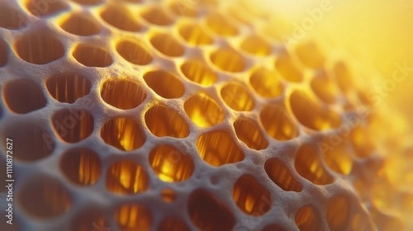 Fototapeta Closeup of honeycomb structure nature macro photography golden glow abstract concept