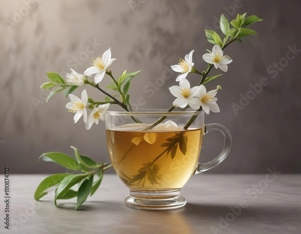 Obraz A delicate flower stem placed in a cup of steaming jasmine tea , arrangement, elegance