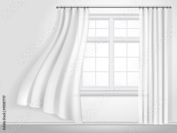 Fototapeta White fluttering curtains and window on white wall background. Fragment of the interior. Vector illustration.