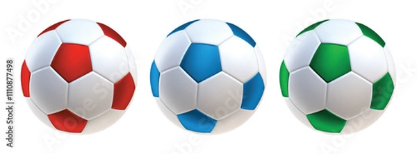 Fototapeta white soccer balls 3d icons. Balls with red blue and green colors inserts. 3d vector render Symbol or emblem football . Vector illustration