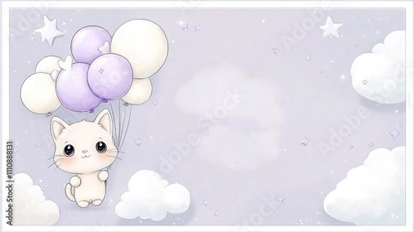 Fototapeta A whimsical pastel background in soft lavender, featuring a cartoon kitten with a balloon bouquet of purple and white balloons. 