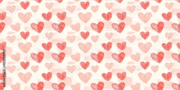 Fototapeta Sketched pink and red hearts in a whimsical hand-drawn pattern on a soft cream background, perfect for romantic designs