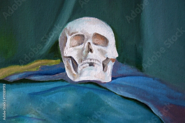 Obraz still life oil with books, coins, skull and a lantern.