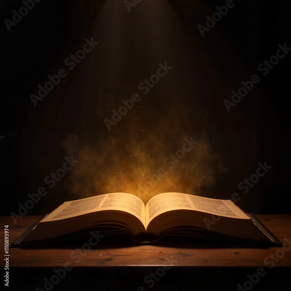 Obraz Glowing open book under spotlight, symbol of knowledge and mystery
