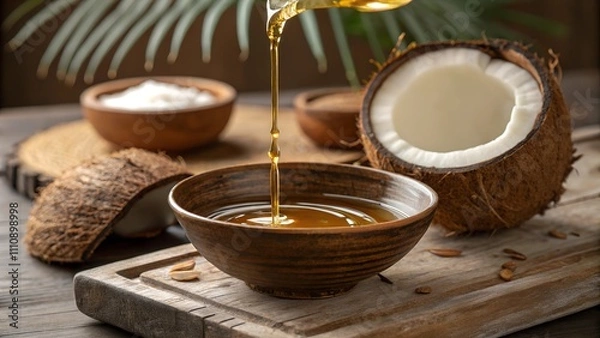 Obraz Coconut oil pouring into a wooden bowl with fresh coconuts.