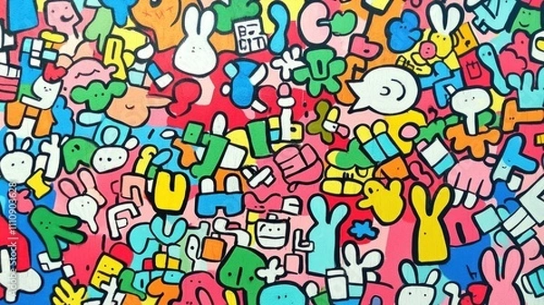Fototapeta Vibrant Doodle Explosion: A Kaleidoscope of Colorful Characters and Shapes