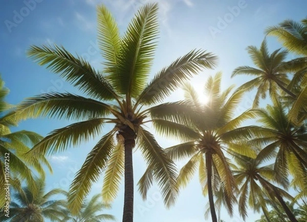 Fototapeta Coconut palm tree with a strong trunk and vibrant leaves against the clear blue sky with sun shining brightly, summer season , natural scenery