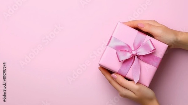 Fototapeta A photostock of hands tying a pink satin bow around a neatly wrapped gift box placed on a pastel pink background for a romantic vibe. High Quality