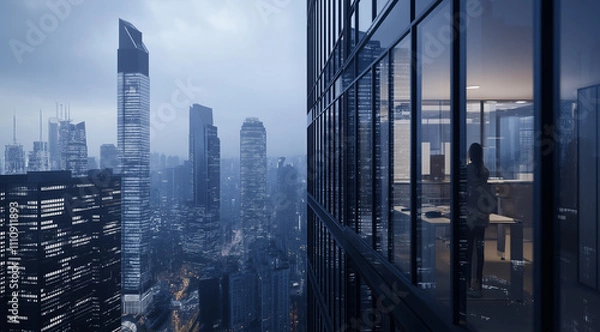 Fototapeta A city skyline with a person standing in front of a window