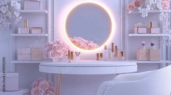Fototapeta A chic vanity table with a glowing round mirror, white tabletop adorned with pink roses, makeup essentials, and a soft white chair. 