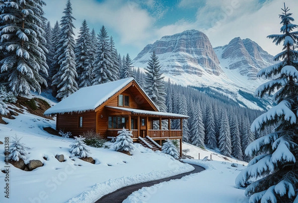 Obraz A charming wooden cabin nestled in a snowy landscape, surrounded by towering pines and majestic mountains. The scene captures the serene beauty of winter